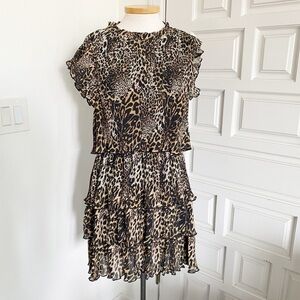 NWT Melloday Dress Animal Print Brown Black Pleated Layered Ruffles Size Large